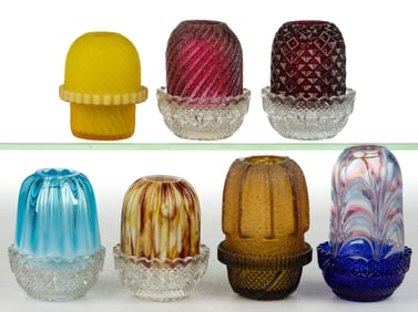 ASSORTED COLORED GLASS FAIRY LAMPS, LOT OF SEVEN