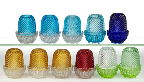 ASSORTED COLORED GLASS DIAMOND-P0INT FAIRY LAMPS, LOT OF 11