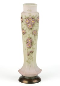 WAVE CREST NAKARA ENAMEL-DECORATED ART GLASS VASE WITH APPLIED FLORAL DECORATION