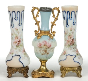 WAVE CREST ENAMEL-DECORATED ART GLASS VASES, LOT OF THREE