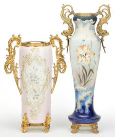 WAVE CREST FOOTED ENAMEL-DECORATED ART GLASS VASES, LOT OF TWO