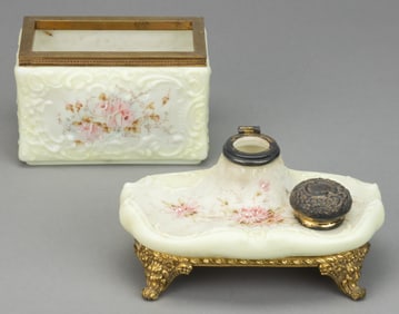 WAVE CREST ENAMEL-DECORATED ART GLASS DESK ARTICLES, LOT OF TWO