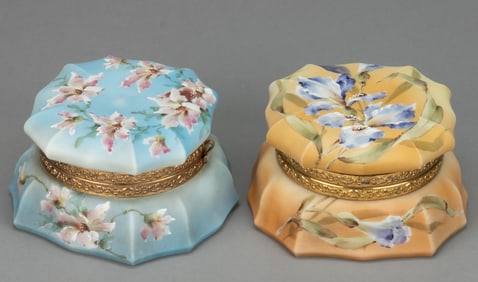 WAVE CREST NAKARA ENAMEL-DECORATED ART GLASS DRESSER BOXES, LOT OF TWO