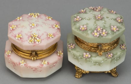 WAVE CREST NAKARA ENAMEL-DECORATED ART GLASS BOXES WITH APPLIED FLORAL DECORATION, LOT OF TWO