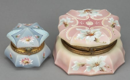 WAVE CREST NAKARA ENAMEL-DECORATED ART GLASS JEWELRY / DRESSER BOXES, LOT OF TWO