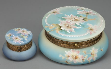 WAVE CREST NAKARA ENAMEL-DECORATED ART GLASS DRESSER / HANDKERCHIEF BOXES, LOT OF TWO