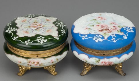 WAVE CREST ENAMEL-DECORATED ART GLASS DRESSER BOXES, LOT OF TWO