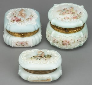 WAVE CREST ENAMEL-DECORATED ART GLASS JEWEL / DRESSER BOXES, LOT OF THREE