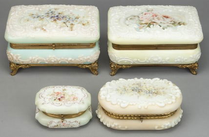 WAVE CREST ENAMEL-DECORATED ART GLASS JEWEL / DRESSER BOXES, LOT OF FOUR