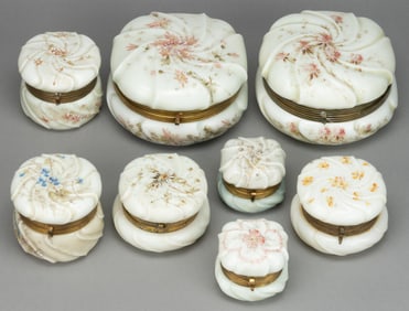 WAVE CREST ENAMEL-DECORATED ART GLASS BOXES, LOT OF EIGHT