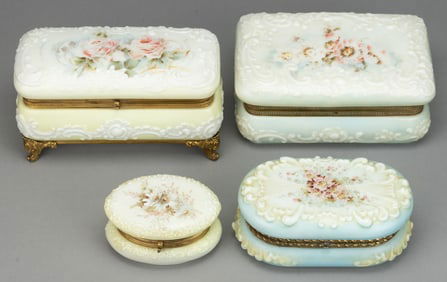 WAVE CREST ENAMEL-DECORATED ART GLASS JEWEL / DRESSER BOXES, LOT OF FOUR