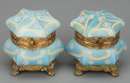 WAVE CREST NAKARA ENAMEL-DECORATED ART GLASS JEWELRY BOXES, LOT OF TWO