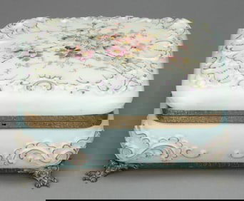 WAVE CREST ENAMEL-DECORATED ART GLASS HANDKERCHIEF BOX