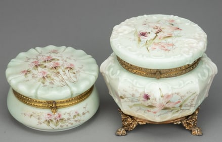 WAVE CREST ENAMEL-DECORATED ART GLASS BOXES, LOT OF TWO
