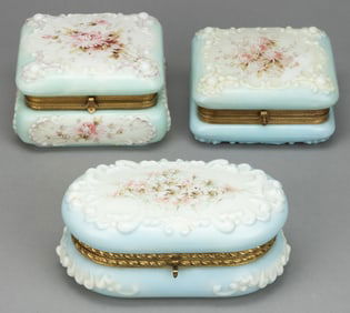 WAVE CREST ENAMEL-DECORATED ART GLASS JEWEL / DRESSER BOXES, LOT OF THREE