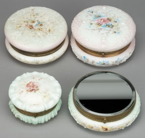 WAVE CREST ENAMEL-DECORATED ART GLASS JEWEL / DRESSER BOXES, LOT OF FOUR