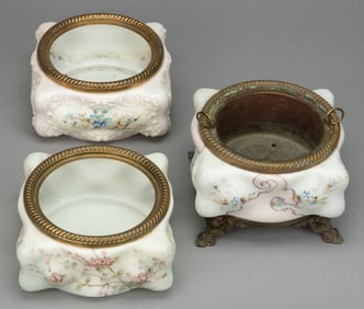 WAVE CREST ENAMEL-DECORATED ART GLASS FERNERS, LOT OF THREE