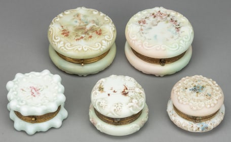 WAVE CREST ENAMEL-DECORATED ART GLASS BOXES, LOT OF FIVE