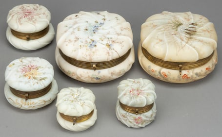 WAVE CREST ENAMEL-DECORATED ART GLASS JEWEL / DRESSER BOXES, LOT OF SIX