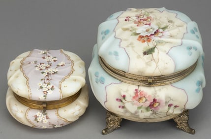 WAVE CREST ENAMEL-DECORATED ART GLASS JEWEL / DRESSER BOXES, LOT OF TWO