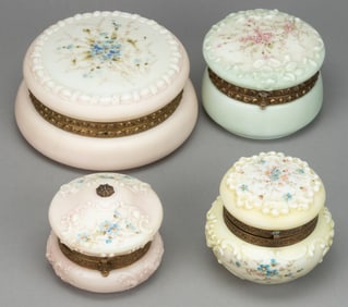 WAVE CREST ENAMEL-DECORATED ART GLASS JEWEL / DRESSER BOXES, LOT OF FOUR