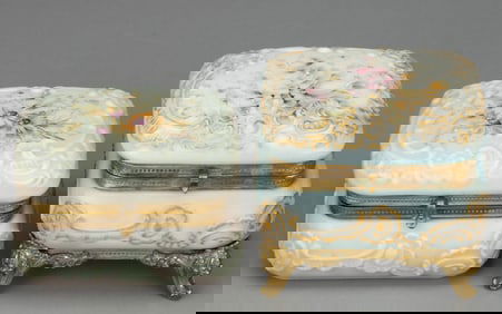WAVE CREST ENAMEL-DECORATED ART GLASS JEWEL / DRESSER BOXES, LOT OF TWO
