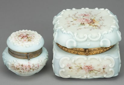 WAVE CREST ENAMEL-DECORATED ART GLASS JEWEL / DRESSER BOXES, LOT OF TWO