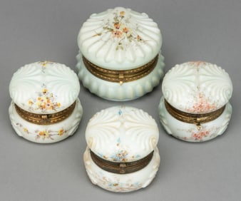 WAVE CREST ENAMEL-DECORATED ART GLASS JEWEL / DRESSER BOXES, LOT OF FOUR