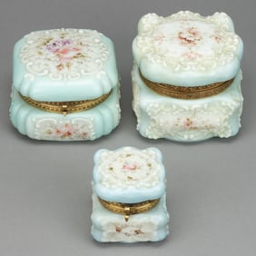 WAVE CREST ENAMEL-DECORATED ART GLASS JEWEL / DRESSER BOXES, LOT OF THREE