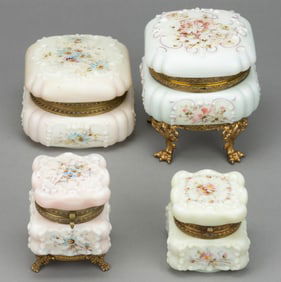 WAVE CREST ENAMEL-DECORATED ART GLASS JEWEL / DRESSER BOXES, LOT OF FOUR