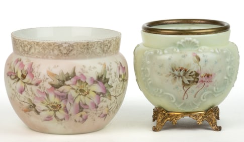 WAVE CREST ENAMEL-DECORATED ART GLASS JARDINIERES / PLANTERS, LOT OF TWO