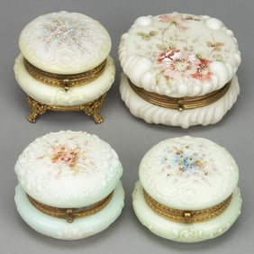 WAVE CREST ENAMEL-DECORATED ART GLASS JEWEL / DRESSER BOXES, LOT OF FOUR
