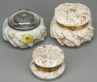 WAVE CREST ENAMEL-DECORATED ART GLASS JEWEL / DRESSER BOXES, LOT OF THREE