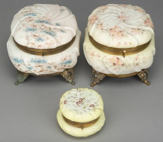 WAVE CREST ENAMEL-DECORATED ART GLASS JEWEL / DRESSER BOXES, LOT OF THREE