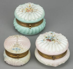 WAVE CREST ENAMEL-DECORATED ART GLASS JEWEL / DRESSER BOXES, LOT OF THREE