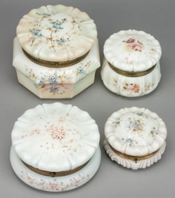 WAVE CREST ENAMEL-DECORATED ART GLASS JEWEL / DRESSER BOXES, LOT OF FOUR