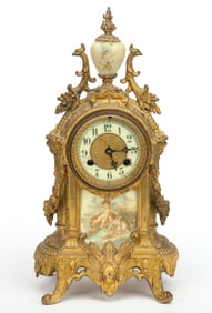 WAVE CREST / WATERBURY GILT-METAL AND GLASS MANTLE CLOCK