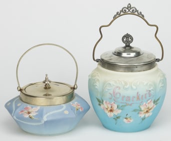 WAVE CREST NAKARA ENAMEL-DECORATED ART GLASS BONBON / CRACKER JARS, LOT OF TWO