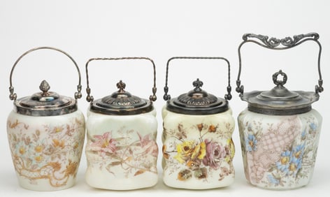 WAVE CREST ENAMEL-DECORATED ART GLASS CRACKER JARS, LOT OF FOUR
