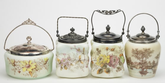 WAVE CREST ENAMEL-DECORATED ART GLASS CRACKER JARS, LOT OF FOUR
