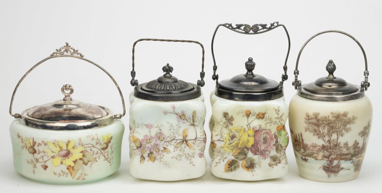 WAVE CREST ENAMEL-DECORATED ART GLASS CRACKER JARS, LOT OF FOUR (1 of 1)
