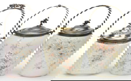 WAVE CREST ENAMEL-DECORATED ART GLASS CRACKER JARS, LOT OF THREE