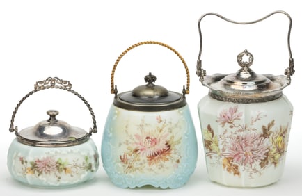 WAVE CREST ENAMEL-DECORATED ART GLASS CRACKER JARS, LOT OF THREE