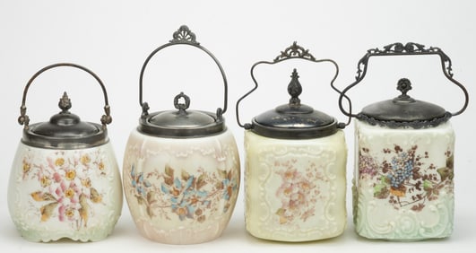 WAVE CREST ENAMEL-DECORATED ART GLASS CRACKER JARS, LOT OF FOUR