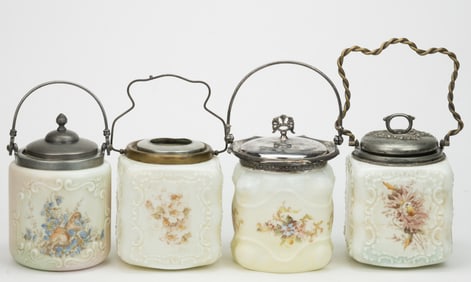 WAVE CREST ENAMEL-DECORATED ART GLASS CRACKER JARS, LOT OF FOUR