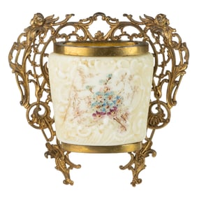 WAVE CREST ENAMEL-DECORATED ART GLASS BROOM HOLDER