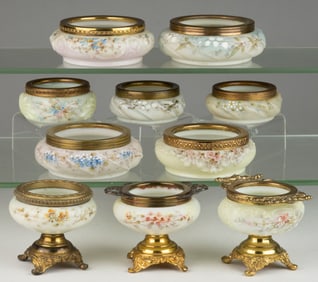 WAVE CREST ENAMEL-DECORATED ART GLASS ASH / PIN TRAYS, LOT OF TEN