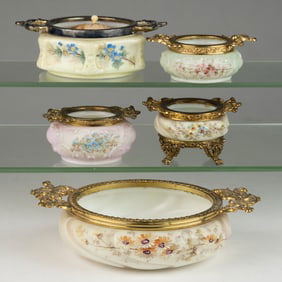 WAVE CREST ENAMEL-DECORATED ART GLASS TRAYS, LOT OF FIVE