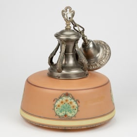 ART DECO ENAMEL-DECORATED GLASS AND METAL ELECTRIC HANGING CHANDELIER