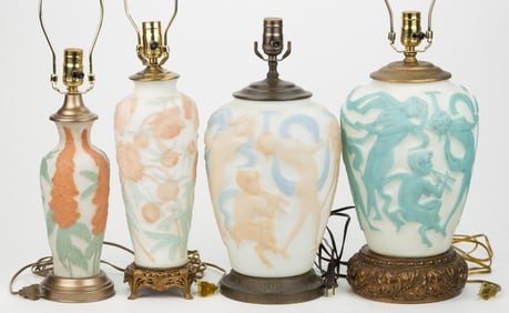 PHOENIX/CONSOLIDATED "MARTELE" ART GLASS LAMPS, LOT OF FOUR